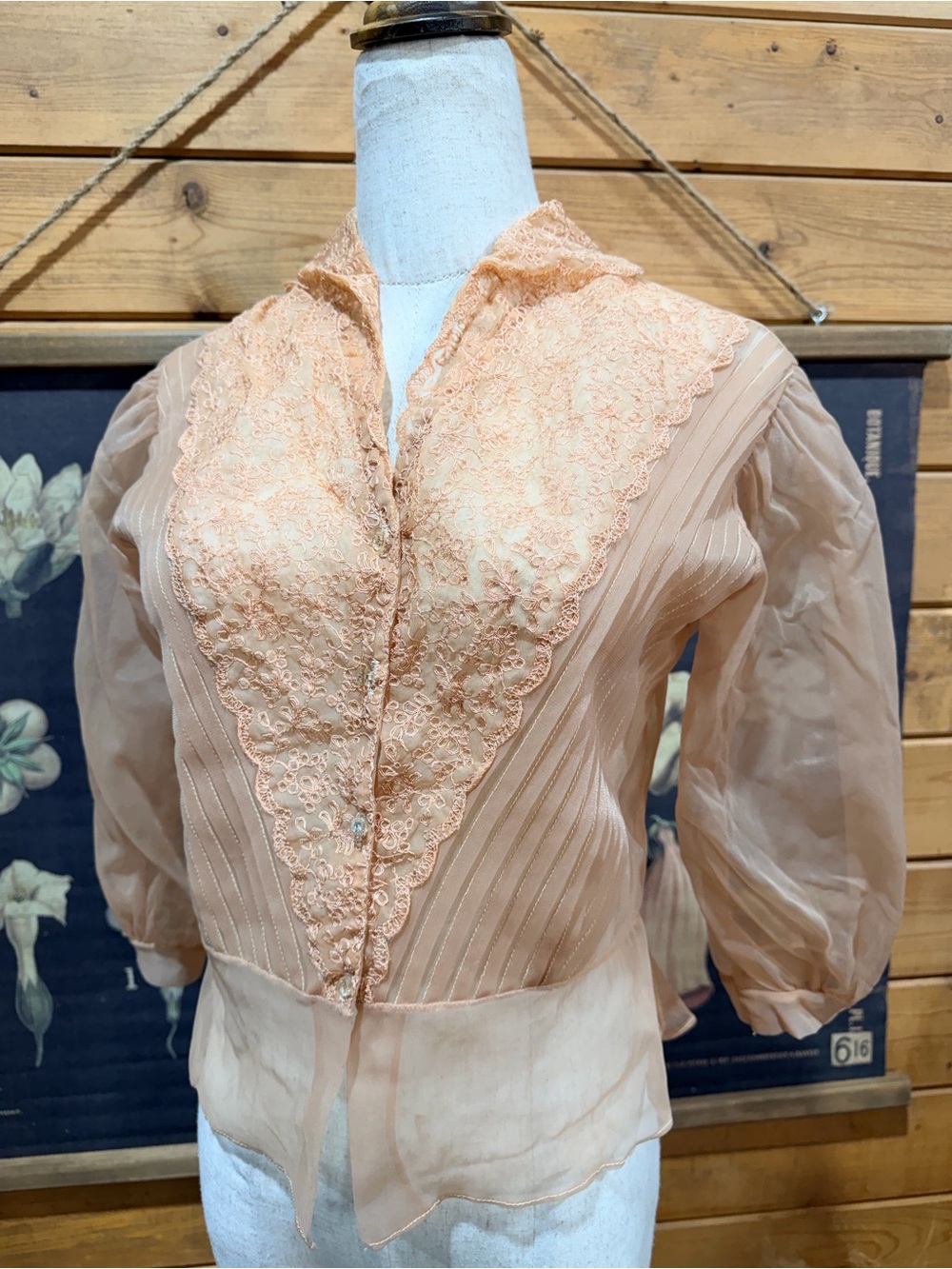 Vintage Victorian Edwardian Revival Sheer Lace Blouse Bridal Small Nude